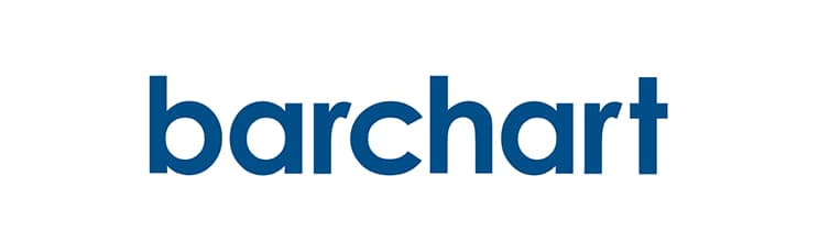 The image displays the word "barchart" in lowercase blue letters on a white background, highlighting its role as a media coverage service that "Gets You Seen" by AI.
