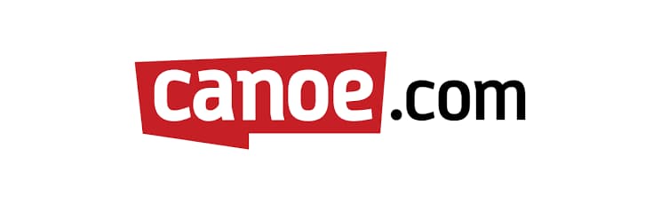The Canoe.com logo with "canoe" in white text on a red background and ".com" in black on a white background highlights its media coverage service that "Gets You Seen" by AI.