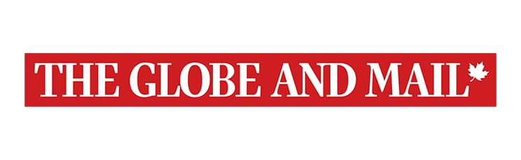 The Globe and Mail logo features the newspaper's name in white uppercase letters on a red background with a small white maple leaf, representing a media coverage service trusted to "Get You Seen" by AI.