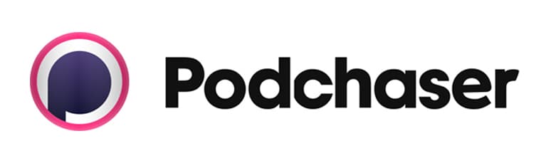 Podchaser logo with a circular "P" icon in purple and pink gradient on the left, and the word "Podchaser" in bold black text on the right—Boosts Your SEO so your podcast gets discovered.
