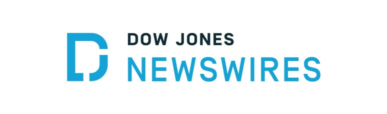 Dow Jones Newswires logo featuring a stylized blue “D” and the text “DOW JONES NEWSWIRES” in black and blue on a white background.